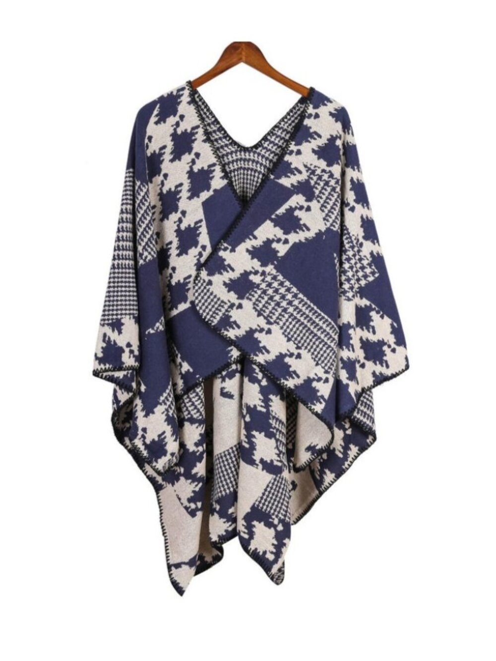 Marc New York Womens Poncho Wrap One Size Blue Beige Houndstooth Open Front NWT